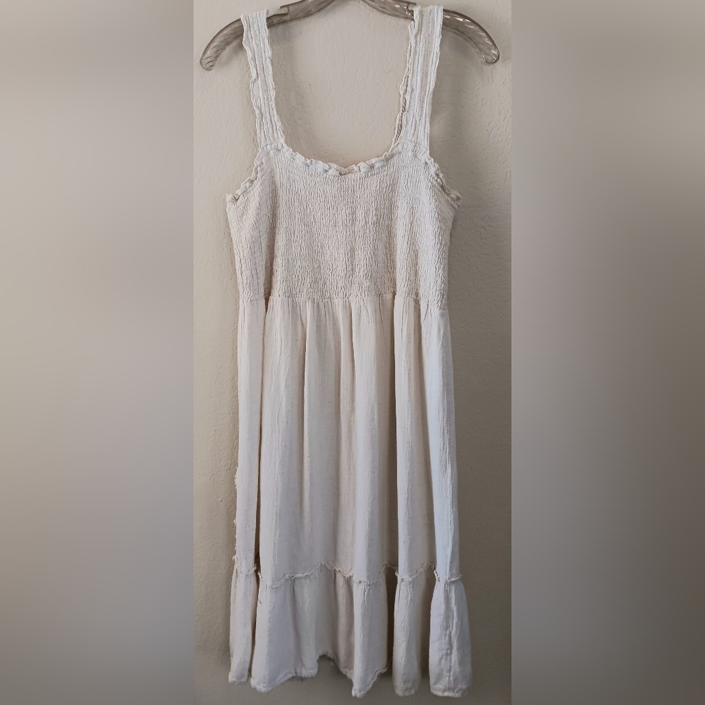 Boho Linen Tiered Sundress XL Cream Beachy Smocking Cottagecore Cowgirl Summer - Picture 2 of 10